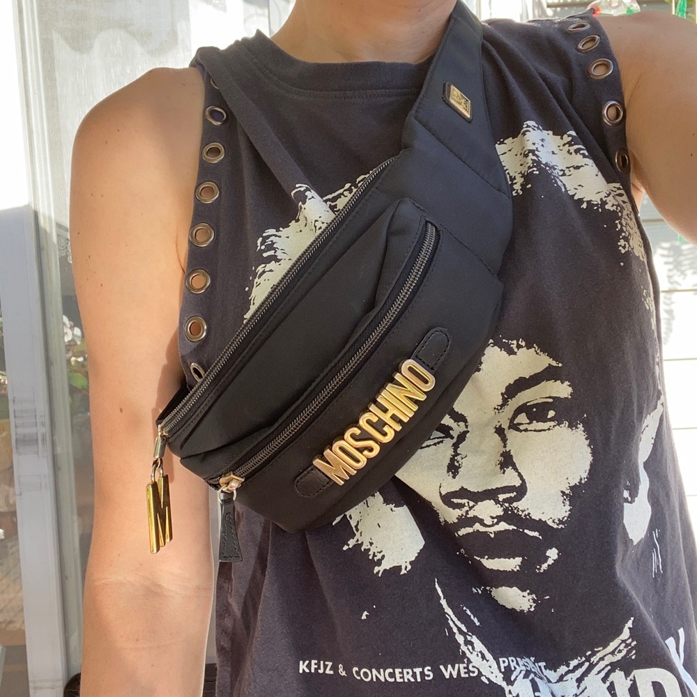 Vintage 90s Moschino logo black nylon fanny pack belt bag